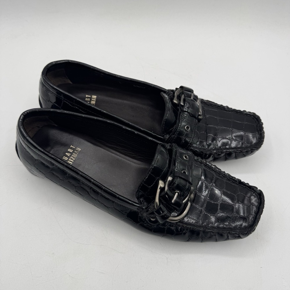 Stuart Weitzman Sz 6M Croc Loafers Driver Shoes Black Patent Leather‎ Embossed